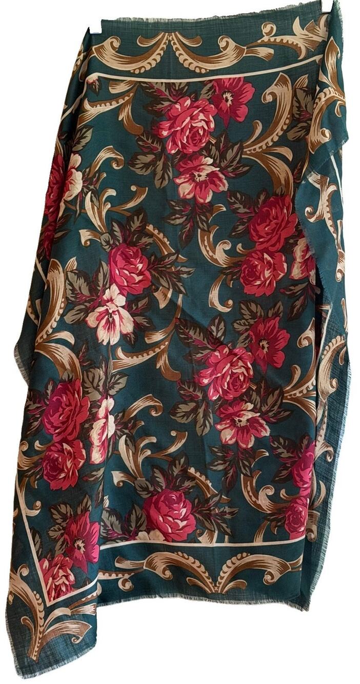 AXCESS 100% Wool Scarf 34” Square Made Japan Teal Floral Baroque Fringe
